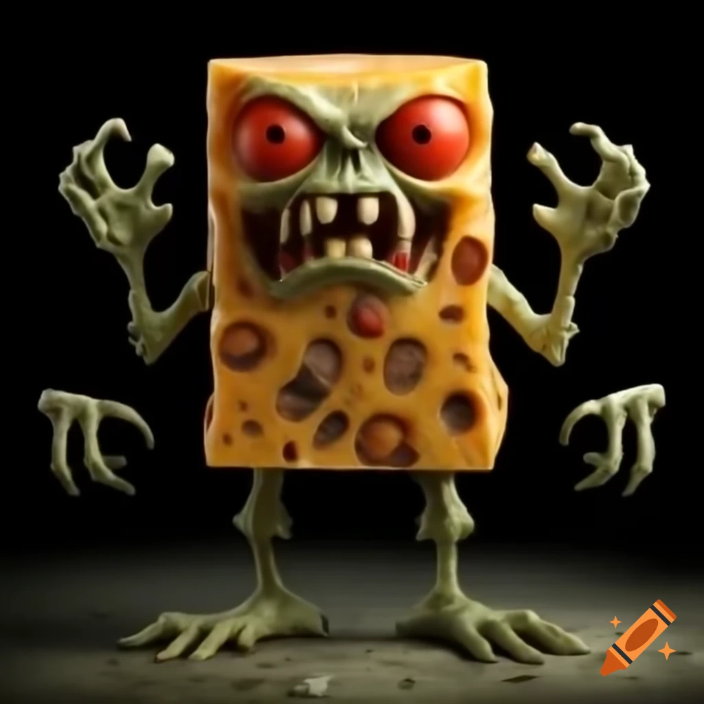Cartoon zombie cheddar cheese with arms, legs, and a face