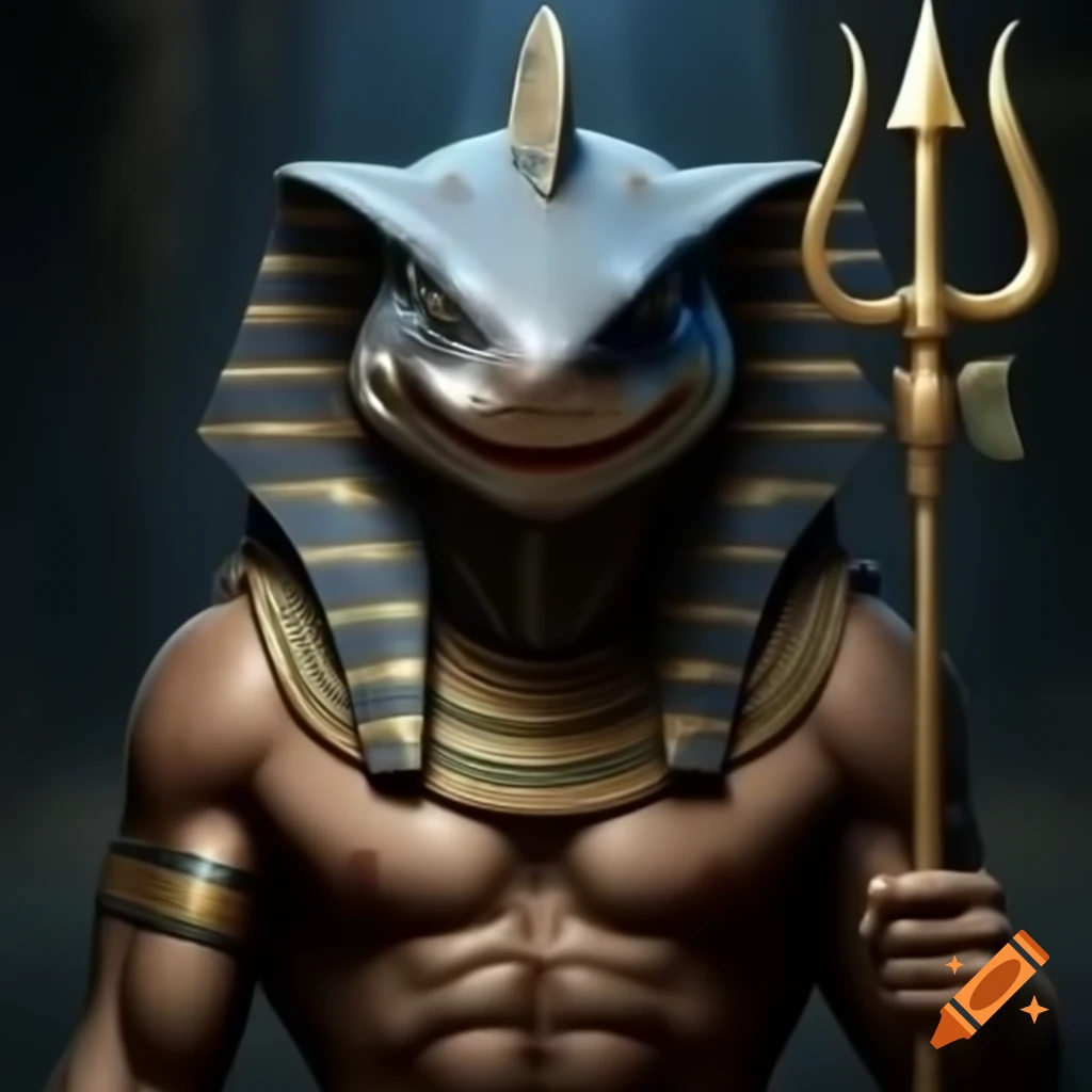 Egyptian god with shark head holding trident