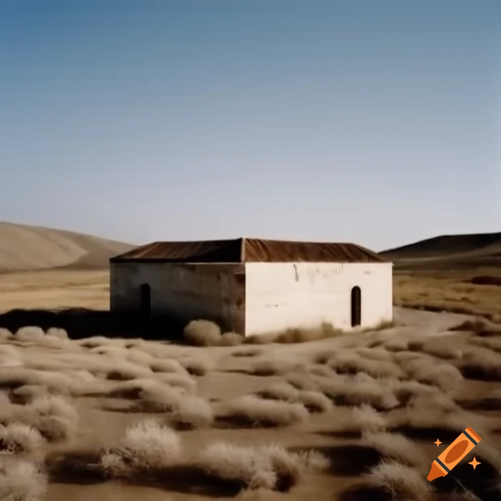 Flat-roofed Greek stone shed in dry landscape with sparse vegetation