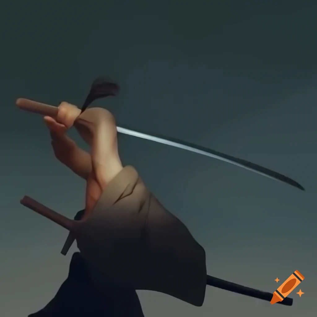 Japanese man holding sword above his head