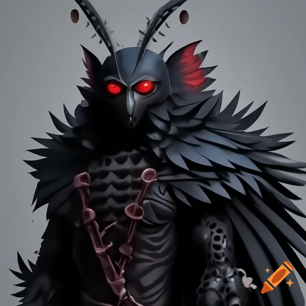 Highly detailed mothman cryptid character with red eyes and feather-shaped antennas