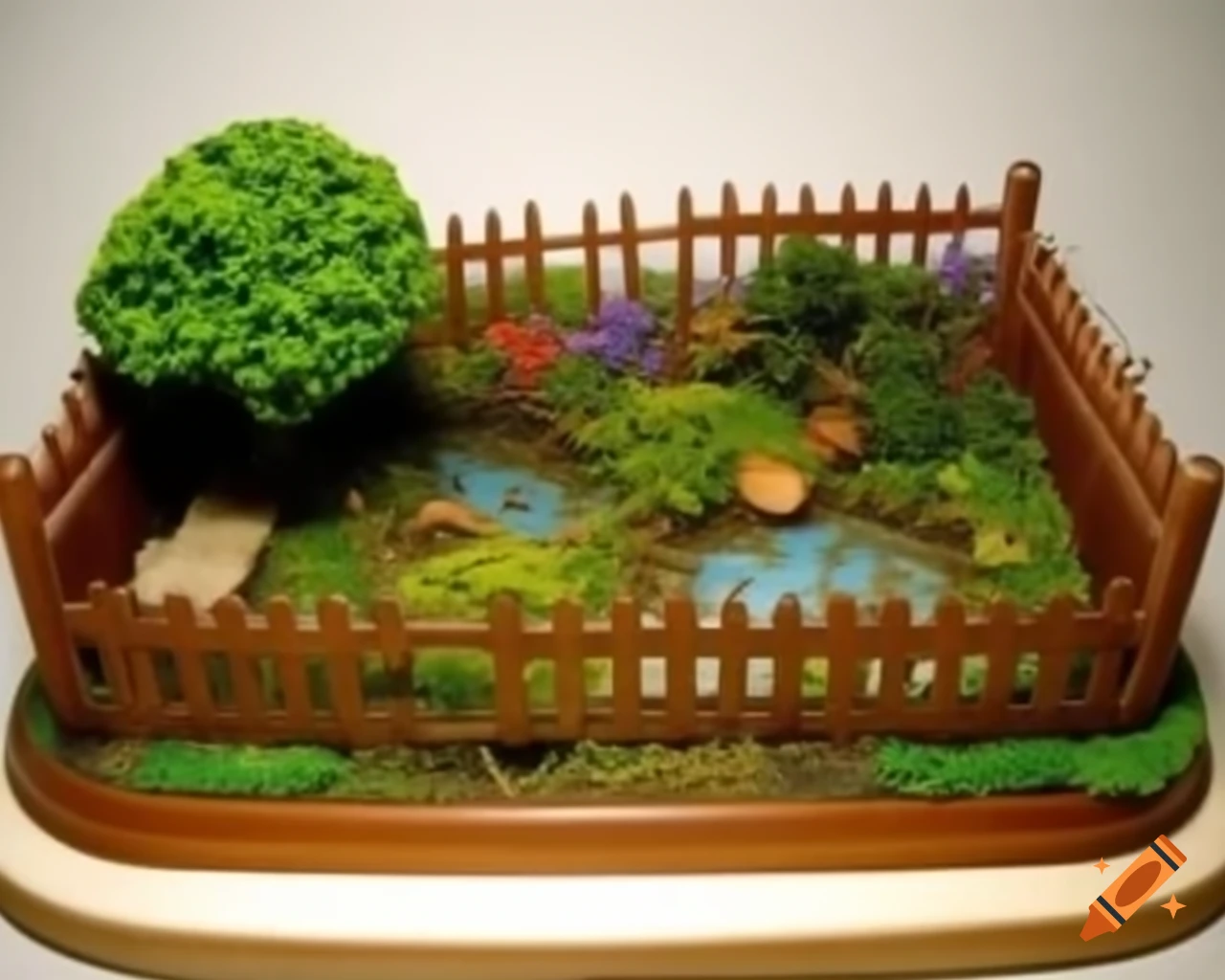 Miniature diorama of a garden featuring flowers, wooden fences, and a well with fish