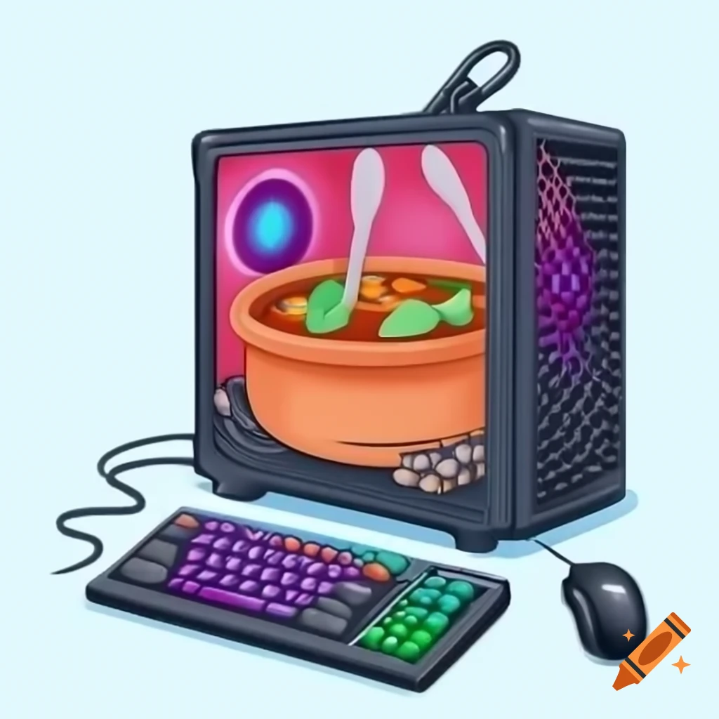 Beef stew on gaming PC screen with keyboard and mouse