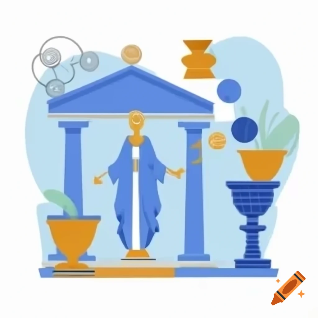 Vector corporate art inspired by Athena with Aegean Blue, Pale Gold, Terracotta, and Charcoal colors