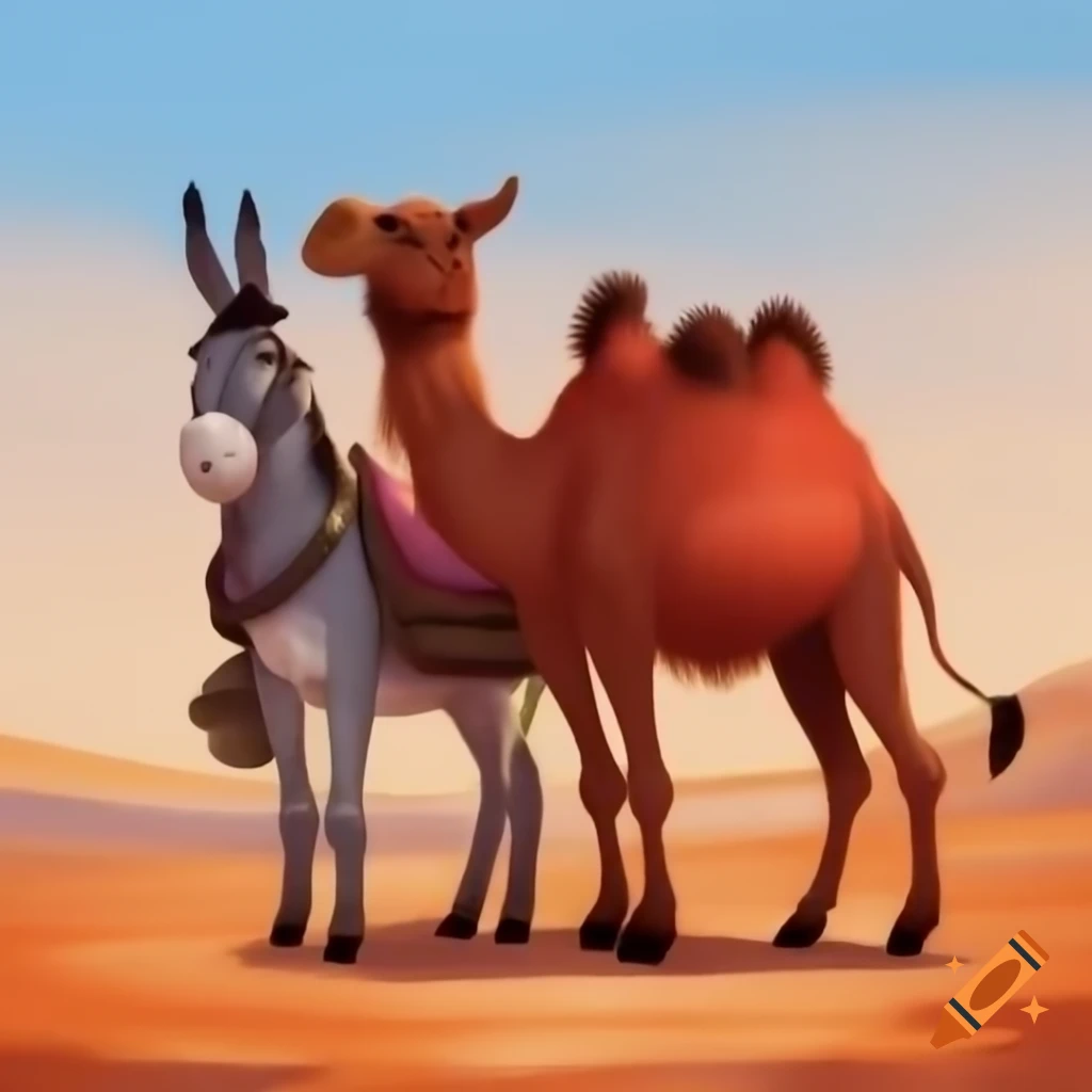 Donkey and camel standing side by side as if sharing a secret