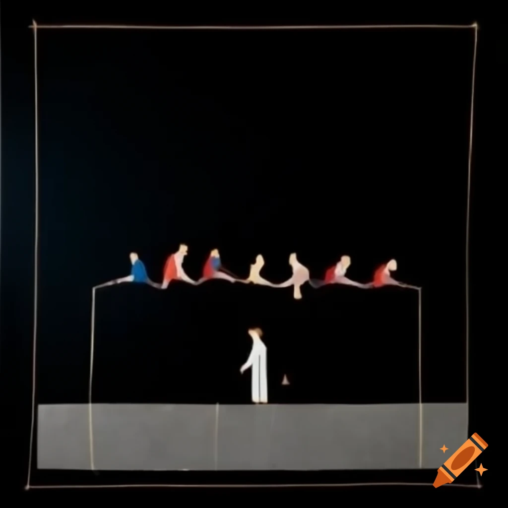 Painting with stick figures representing slavery and oppression on a contrasting background