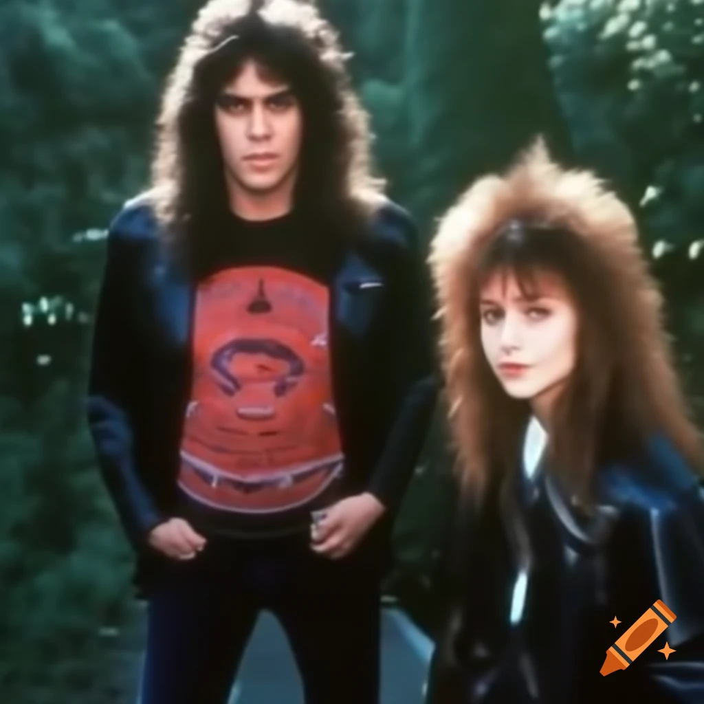1980s hard rock couple with classic clothing and hairstyles