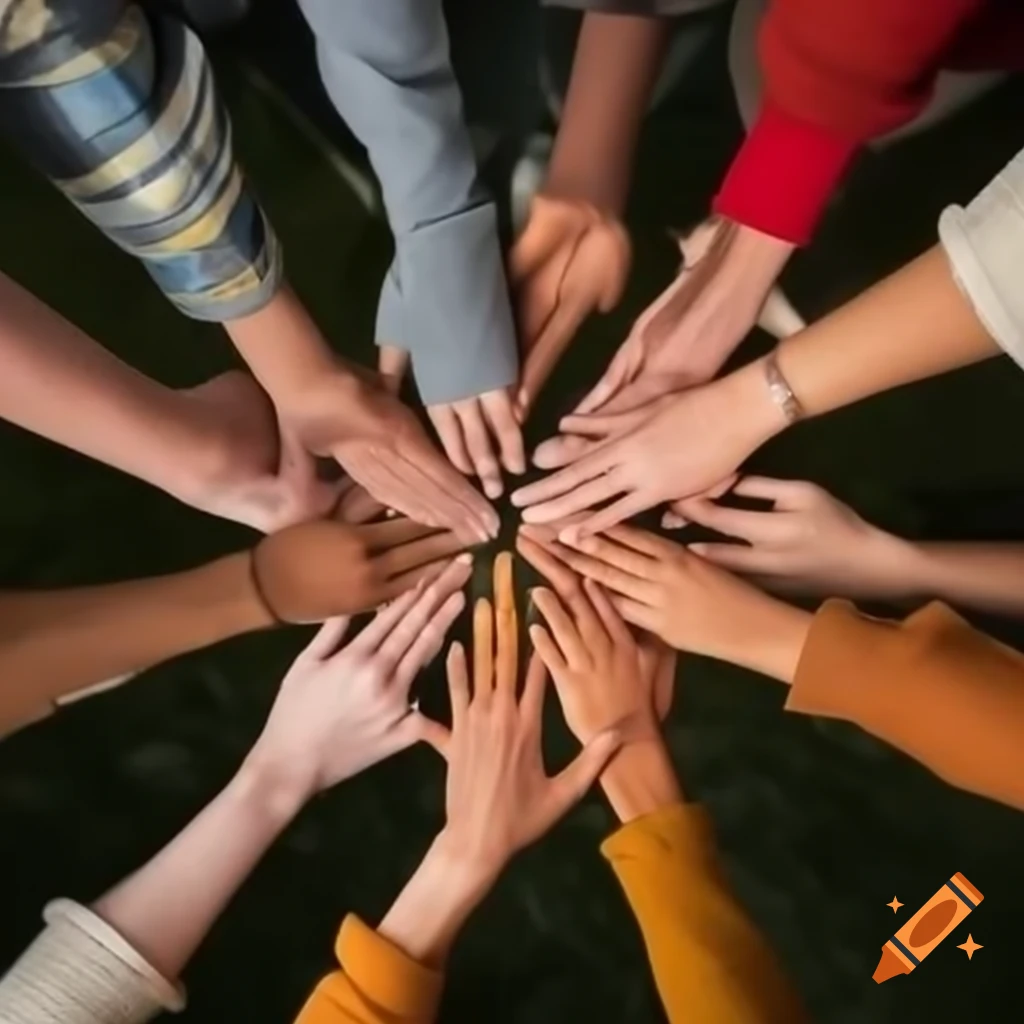 Five hands forming a star symbol of helping hands