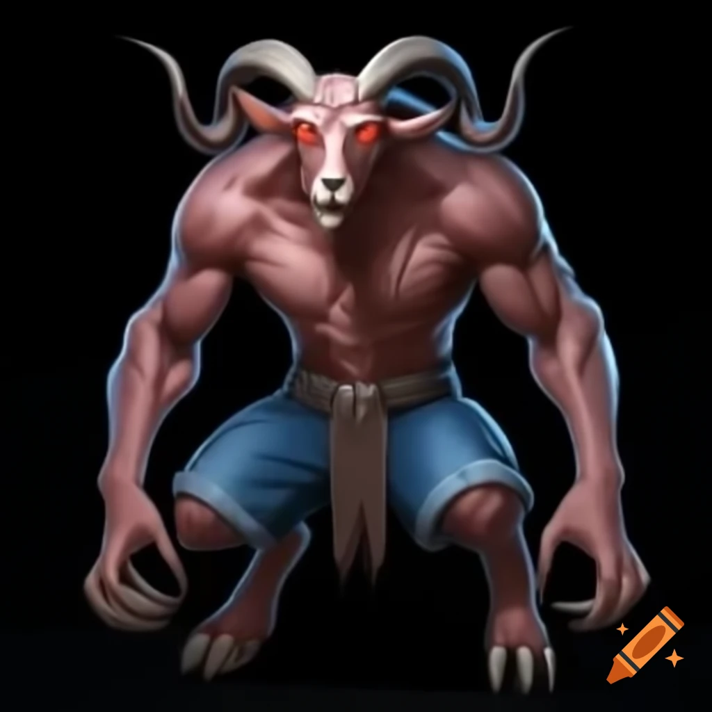 Realistic goat-headed demon with large horns and muscular legs, standing in serious pose