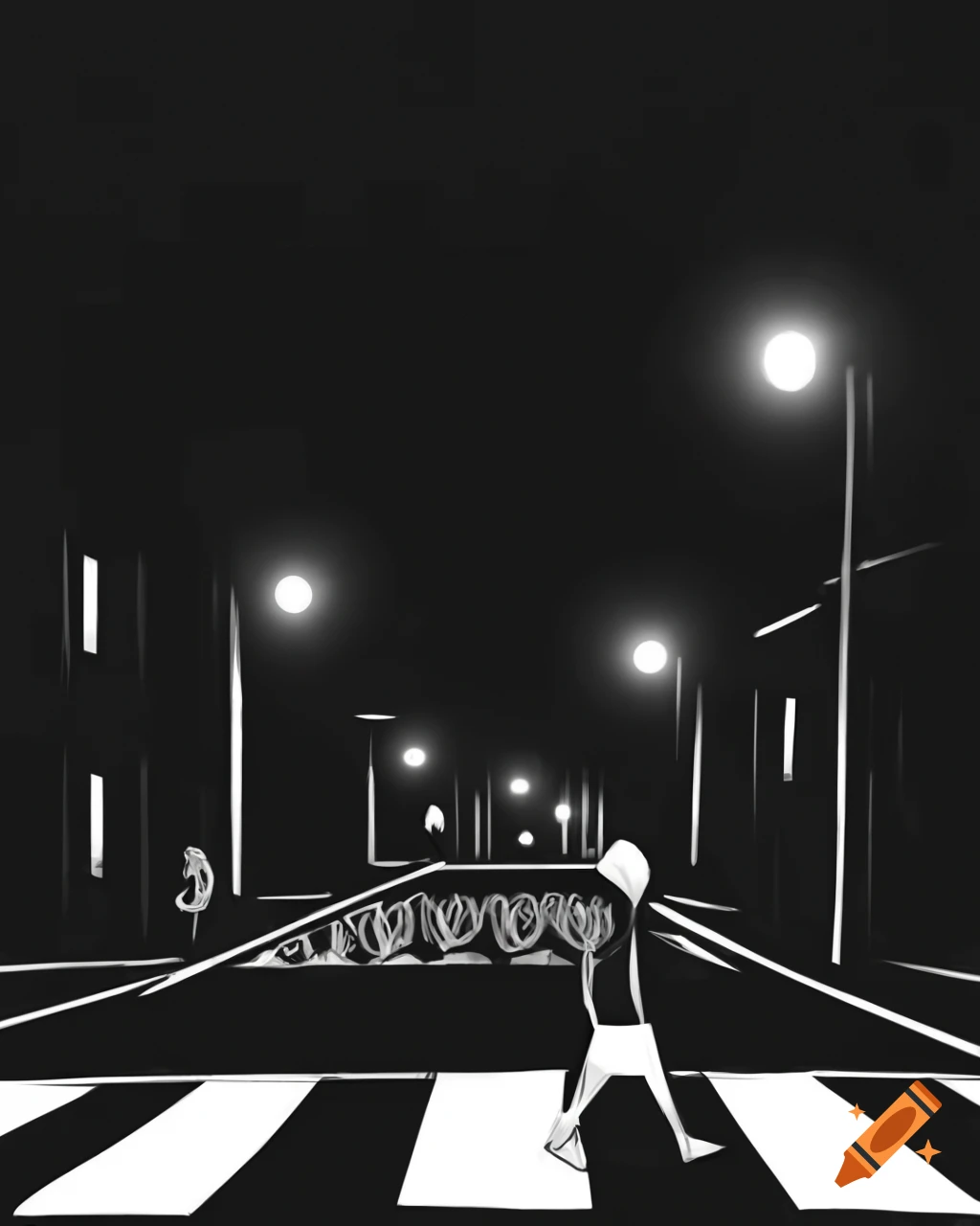 Black and white sketch of person walking in the street at night