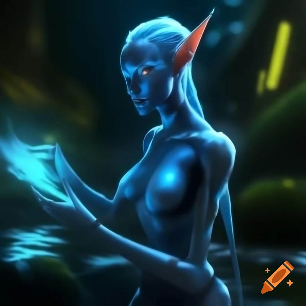 Bioluminescent blue elf in futuristic neon world with cybernetic enhancements