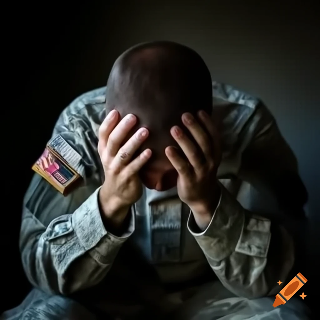 Depressed soldier holding his head in contemplation