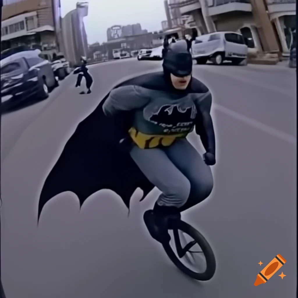 CCTV footage showing Batman riding a unicycle