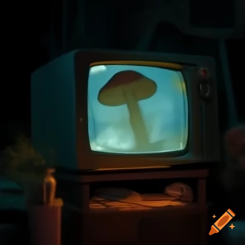 Television in darkness with eerie mushroom