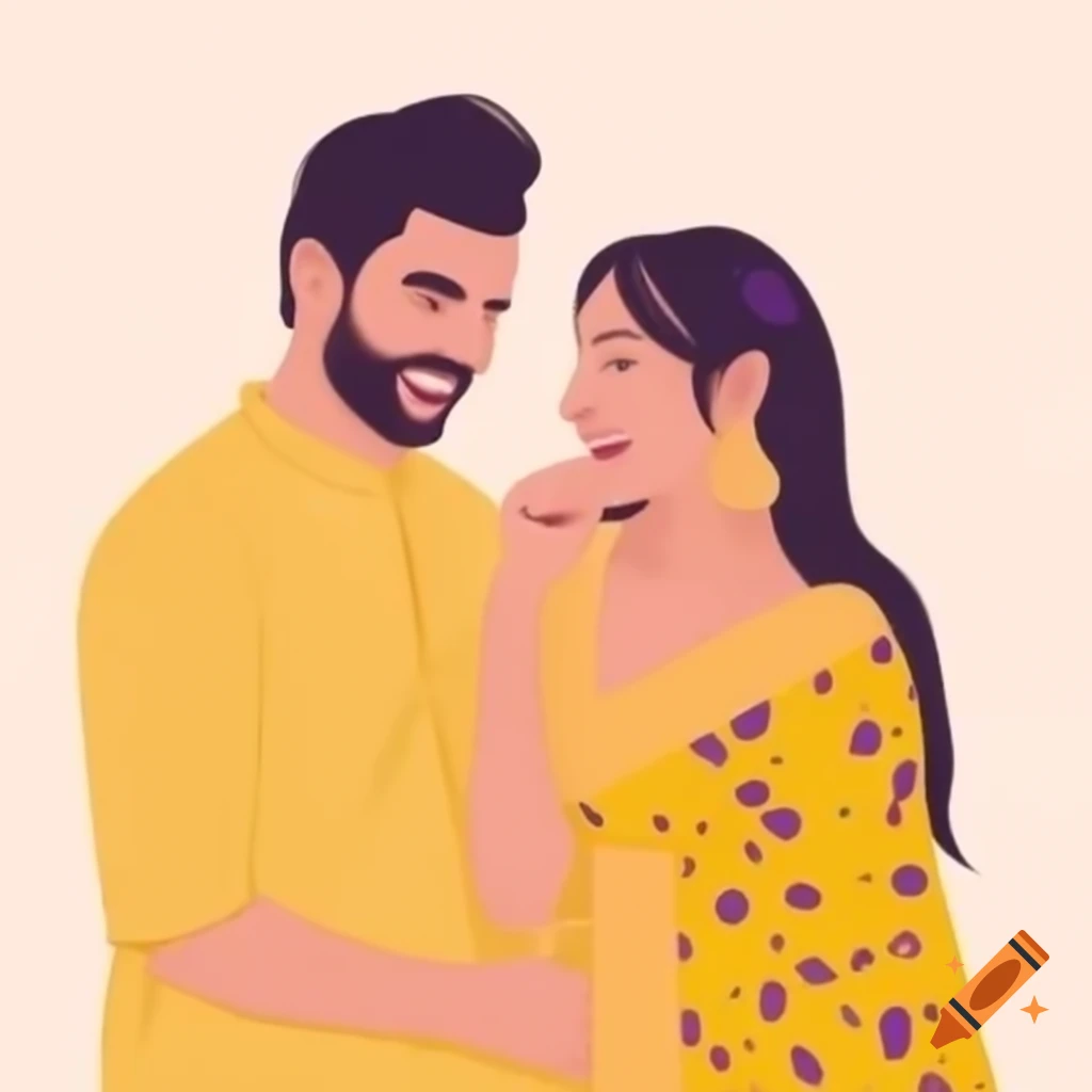Joyful couple in matching yellow floral outfits embracing