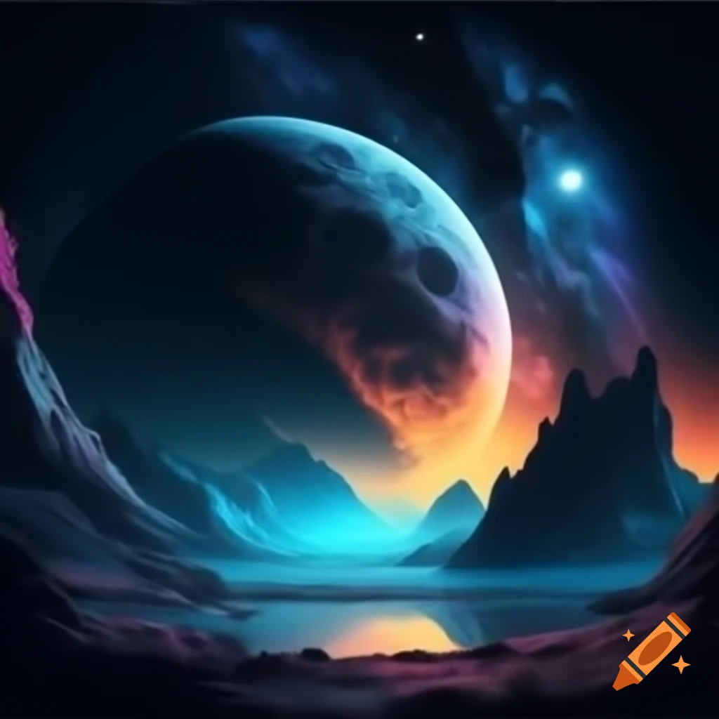 Alien landscape with two moons and visible galaxy in hyper-realistic colors