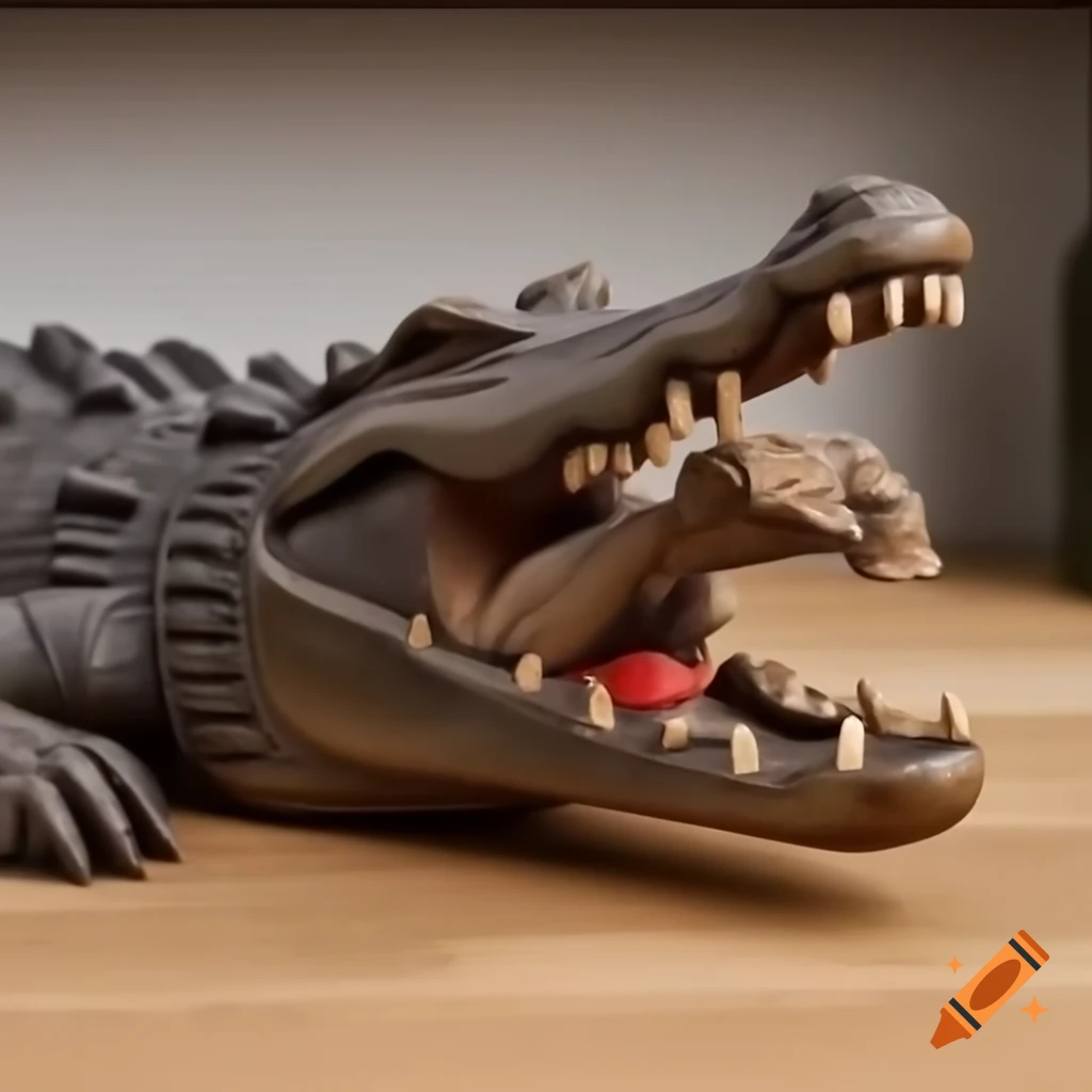 Wooden statue depicting giant crocodile attacking goblin