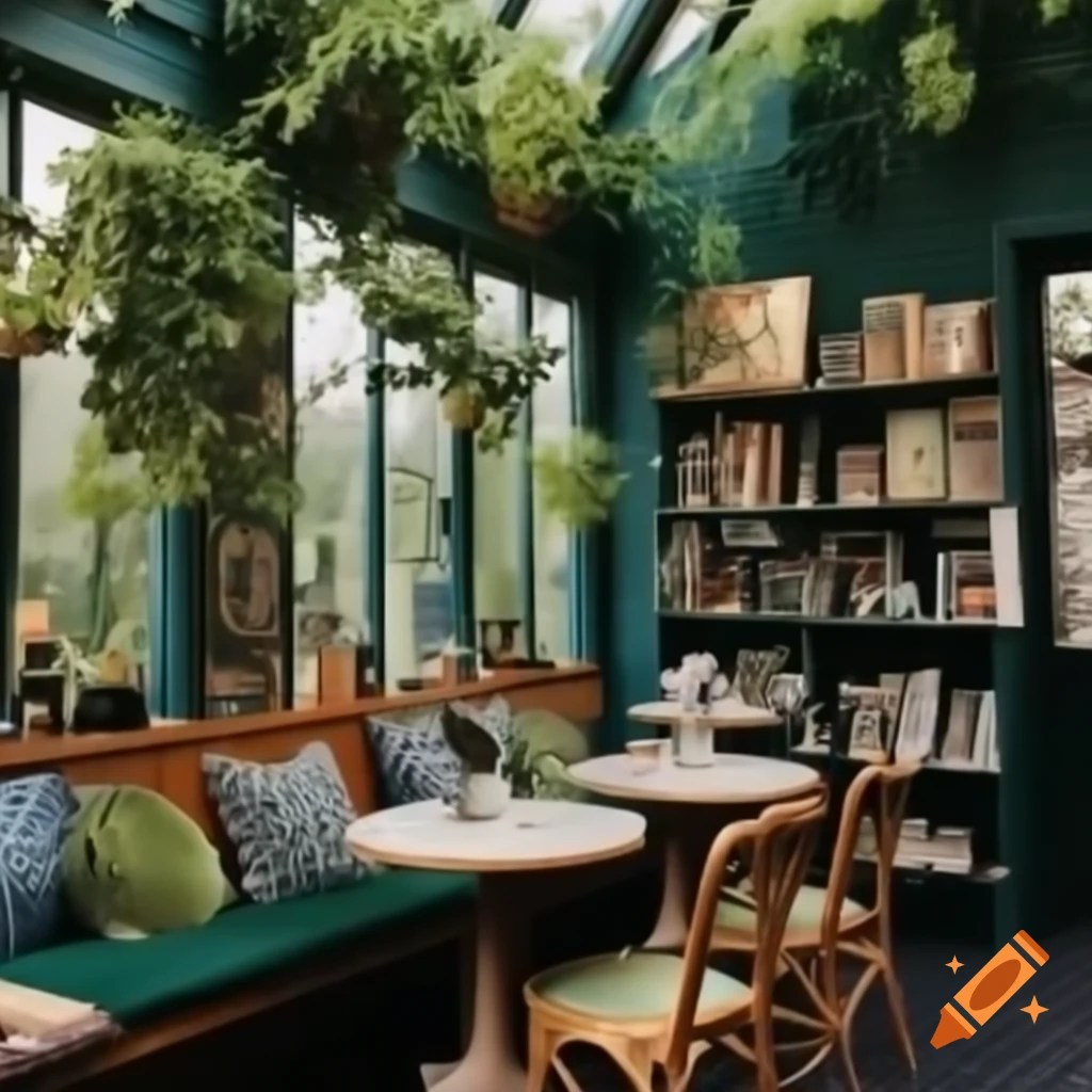 Nature themed reading nook in cafeteria with forest, beach, and garden settings