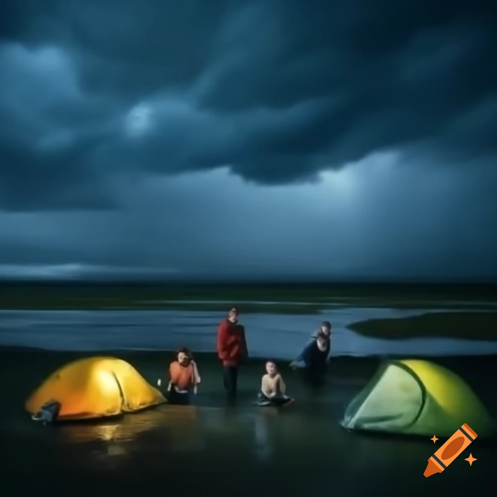 Flooded campsite at night with heavy rain under stormy sky