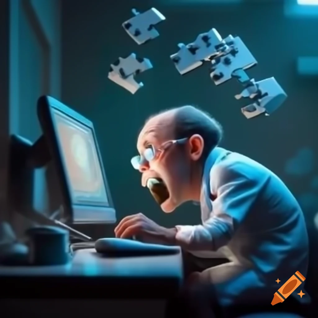 Dentist focused on computer monitor solving digital puzzle