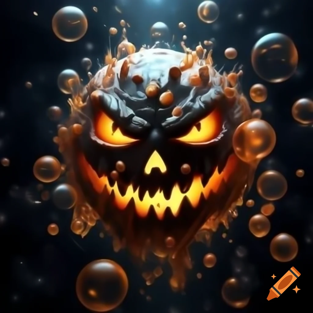 Hyper realistic fantasy monster bubble with glowing eyes and Jack O' Lantern mouth