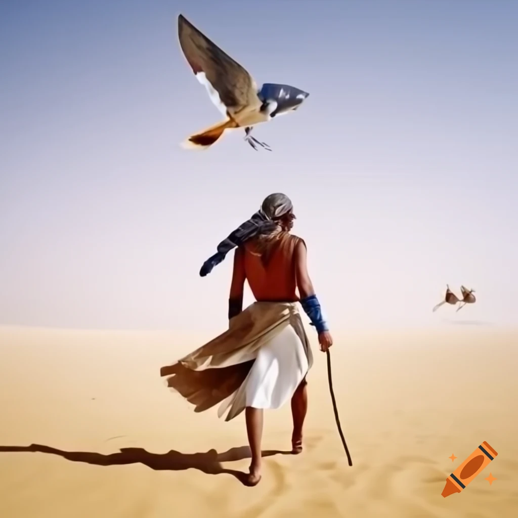 Medjay desert warrior in traditional attire walking through sandy desert