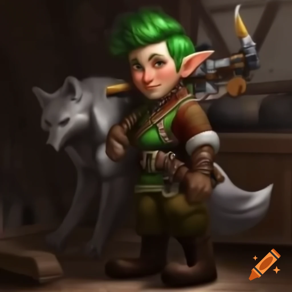 Young male gnome artificer with green hair and technological crossbow beside a giant robot wolf in a workshop