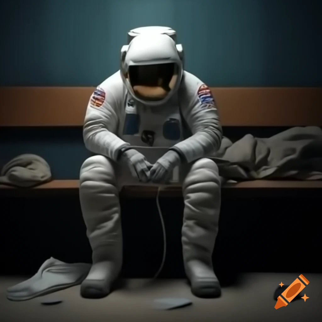 Depressed astronaut sitting on bench, detailed scene