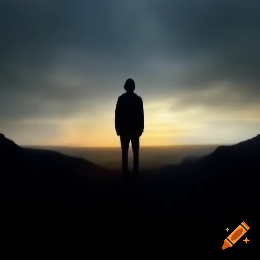 Silhouette of small person in surreal dream landscape