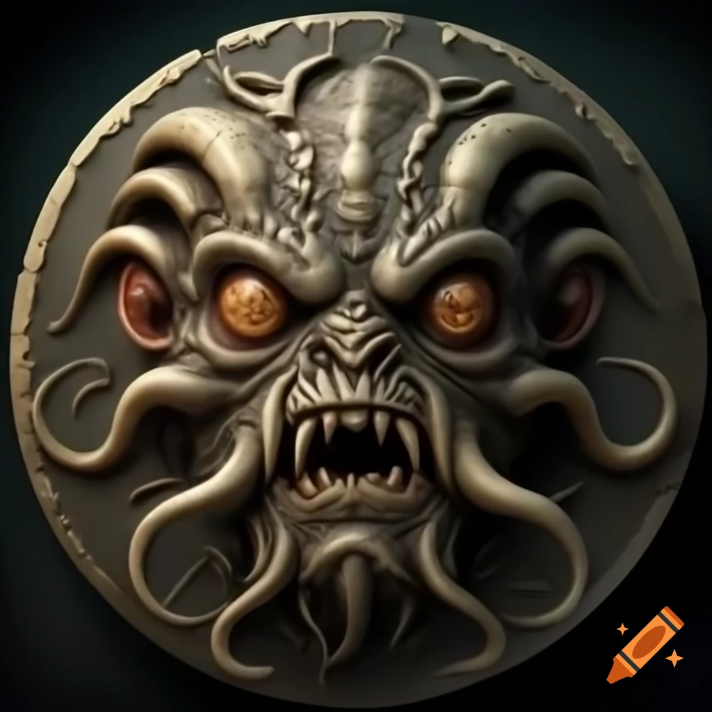 Roman coin featuring extraterrestrial humanoid with four eyes and tentacles, high resolution