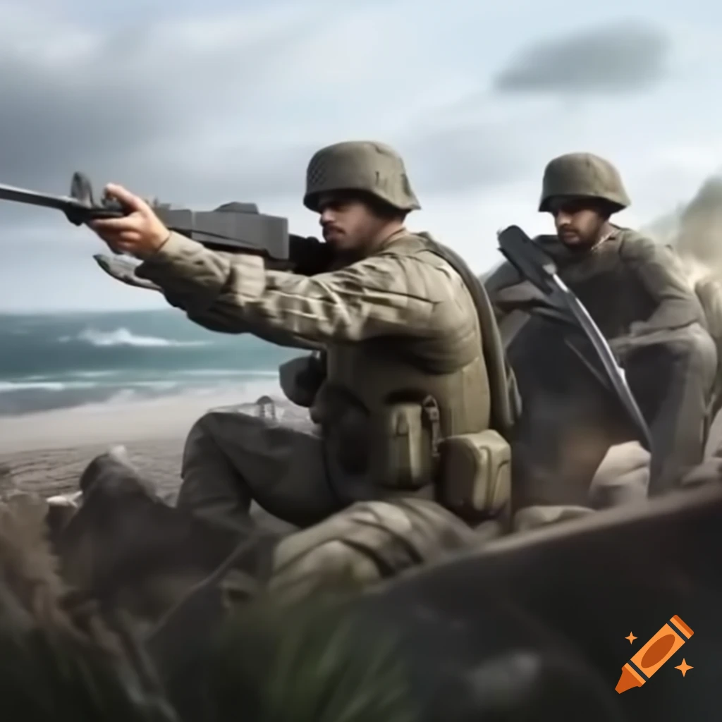 Two soldiers in World War II navigating the beaches of Normandy