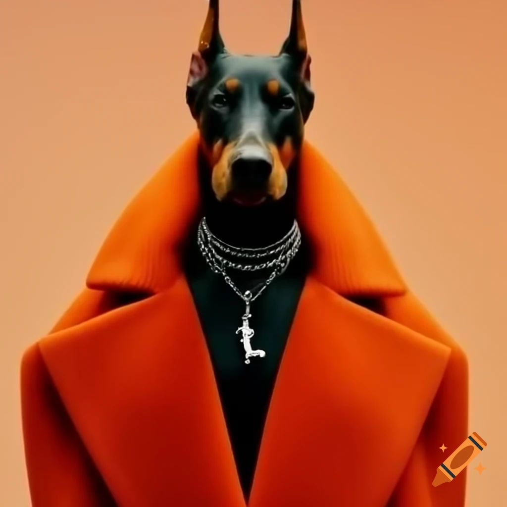 Doberman in oversized orange coat and silver necklace against orange background