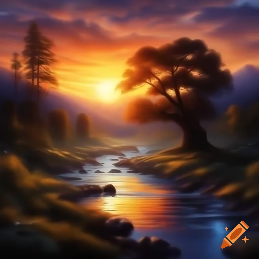 Colorful scene with river, sea, tigers, lions, and sunset sky in vibrant hues
