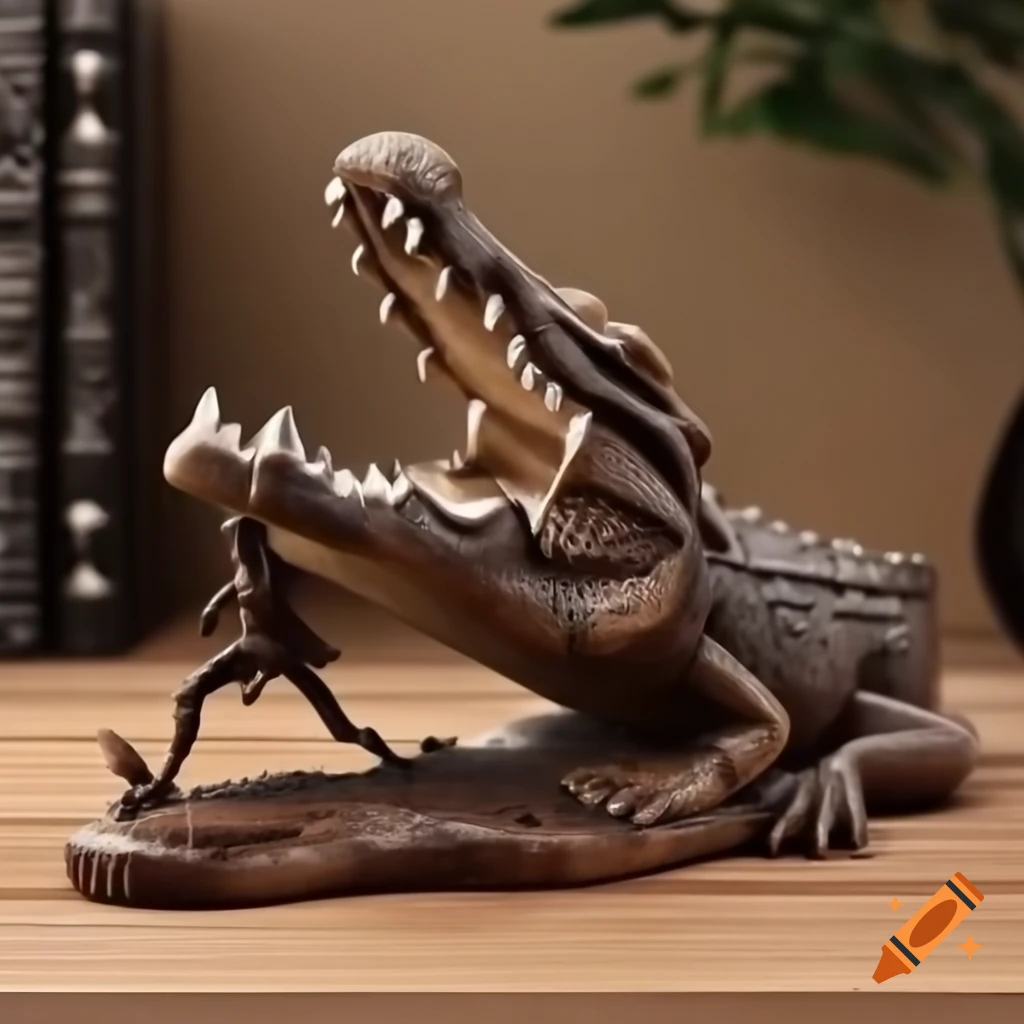 Wooden statue of crocodile attacking goblin