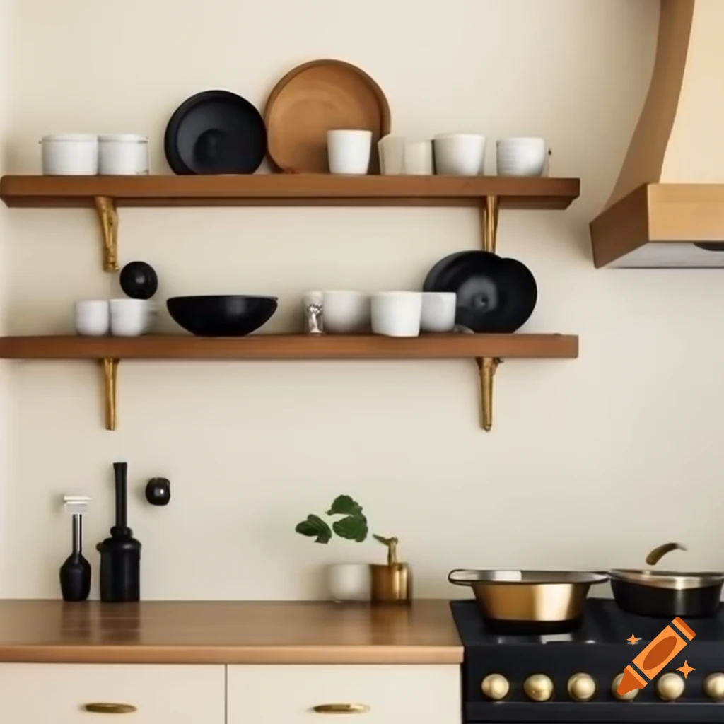 Beige kitchen featuring dark wood countertop, black sink, open shelves with wood plates, gold stove, black cups, and green plants