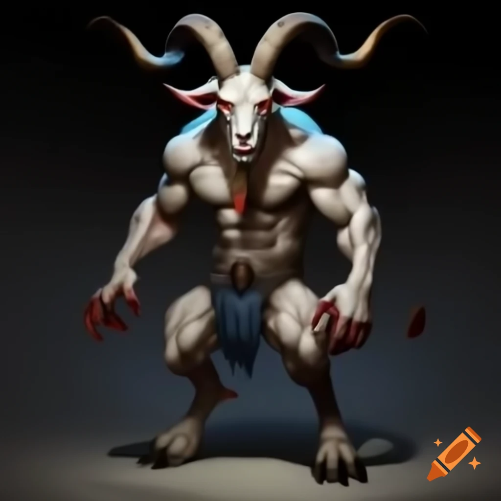 Strong goat-headed demon with large horns and muscular legs, HD realistic