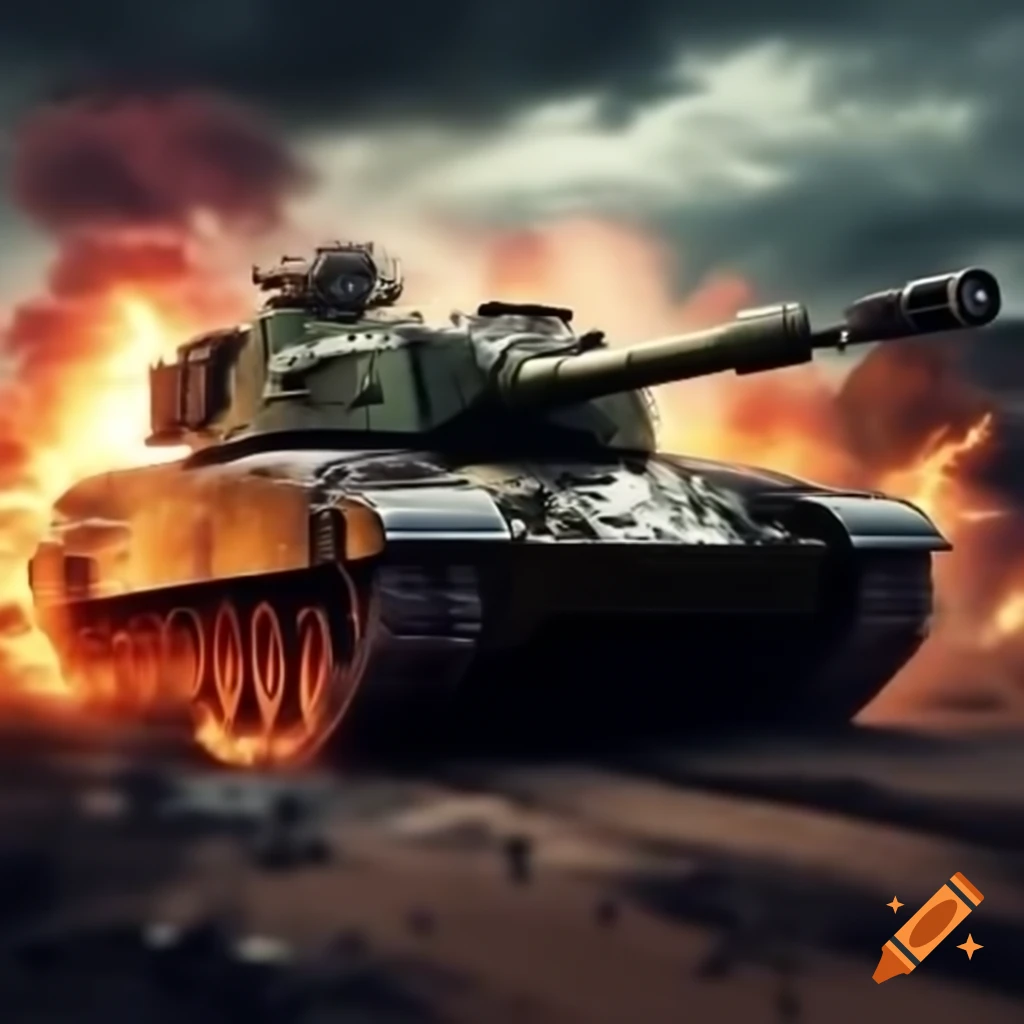 Powerful tank amidst fiery explosions and smoke with camouflage details