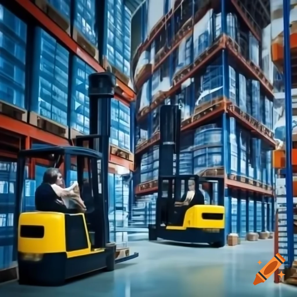 Cold-store warehouse for pharmaceuticals with workers in protective clothing operating forklifts