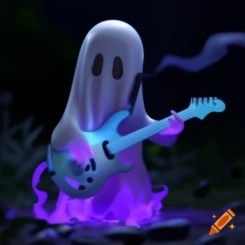 Ghostly figure playing electric guitar at night