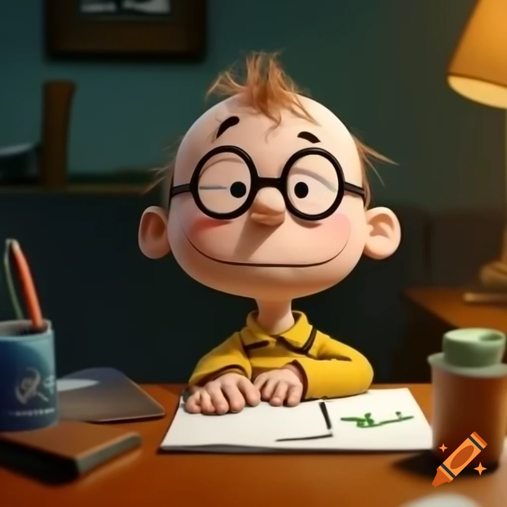 Charlie Brown with glasses at a desk, Peppermint Patty talking, Marcie looking confused