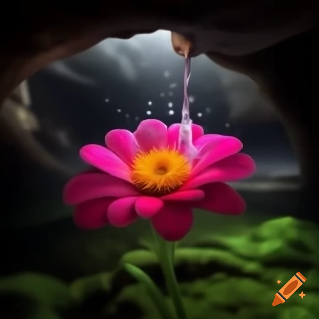 Red flower with plastic gun shooting pink water in dark cave