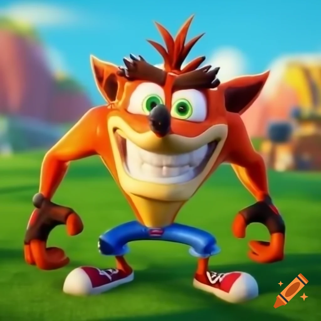 Crash Bandicoot dashing across grassy field with iconic grin
