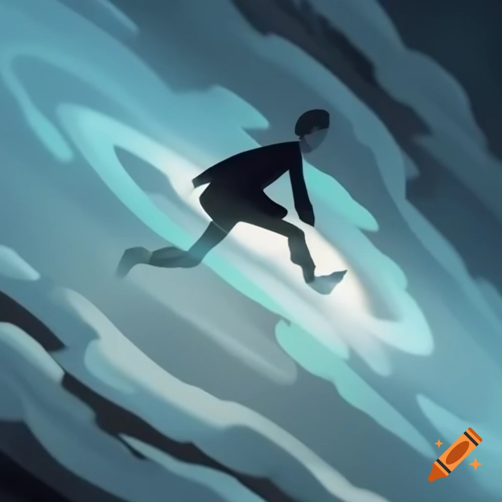 Figure moving through misty clouds at high speed