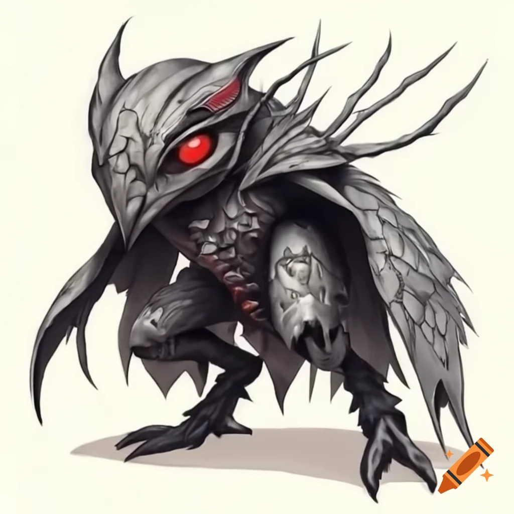 Highly detailed mothman cryptid character with red eyes and black-grey fur