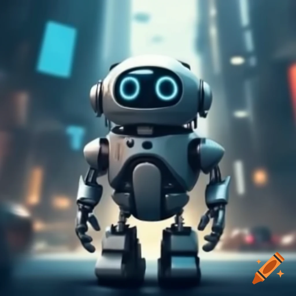 Futuristic happy robot gazing at advanced city skyline