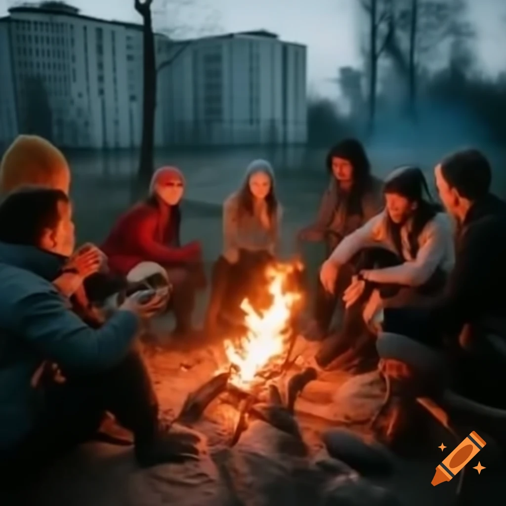 Hikers enjoying picnic around campfire in urban Chernobyl