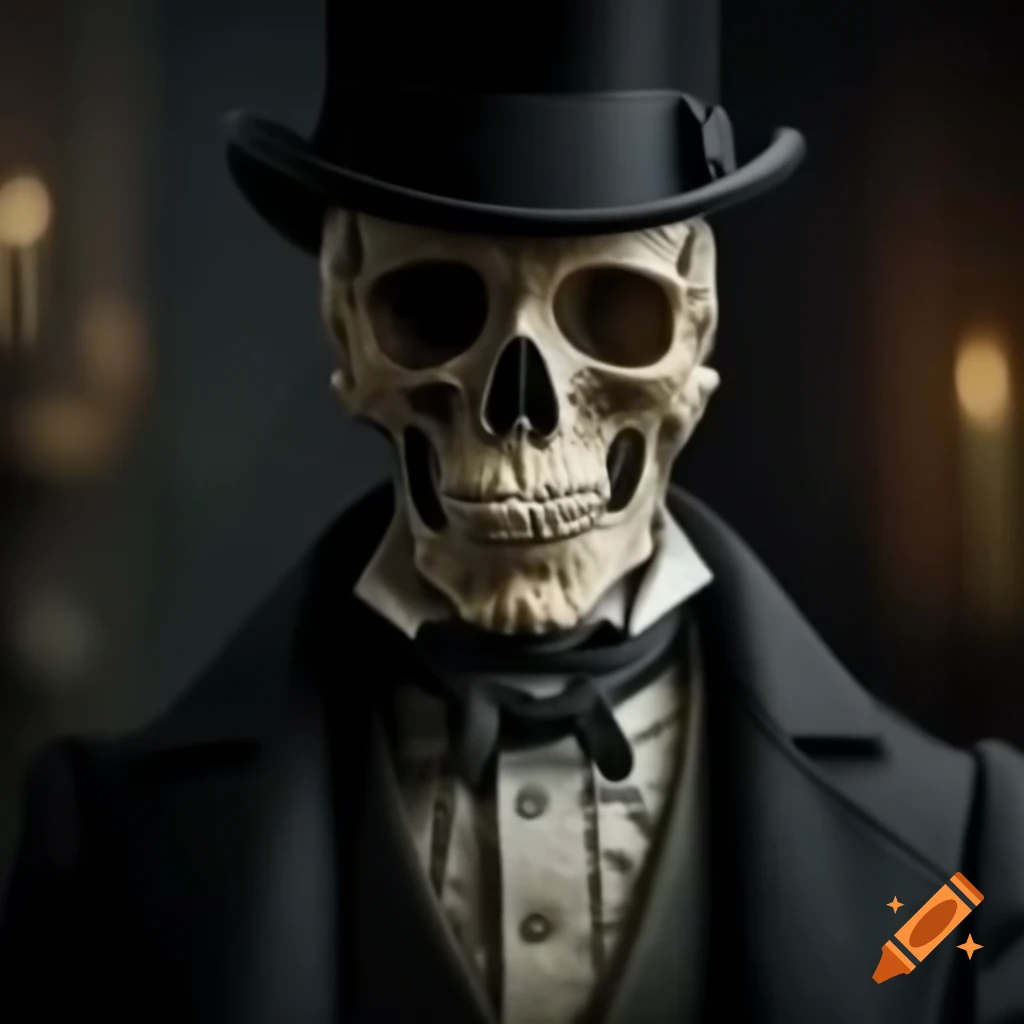Side view of dapper skeleton in Victorian suit