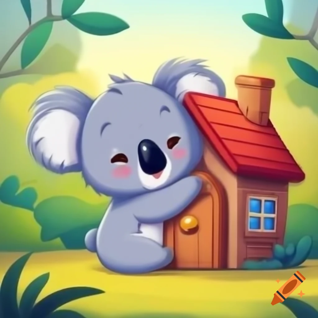 Cute cartoon koala hugging a house
