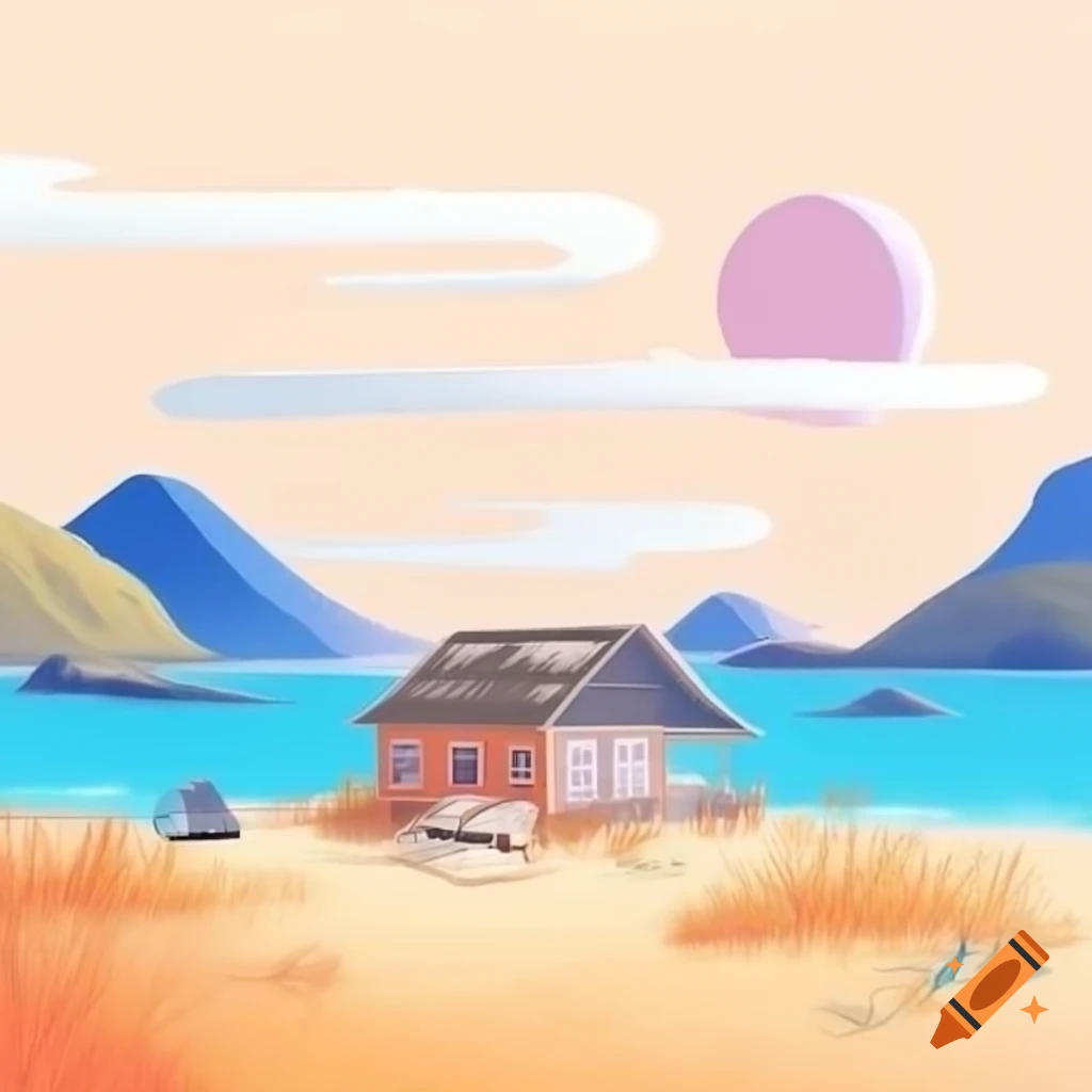 404 error page design with serene vacation scene including beach house and mountains