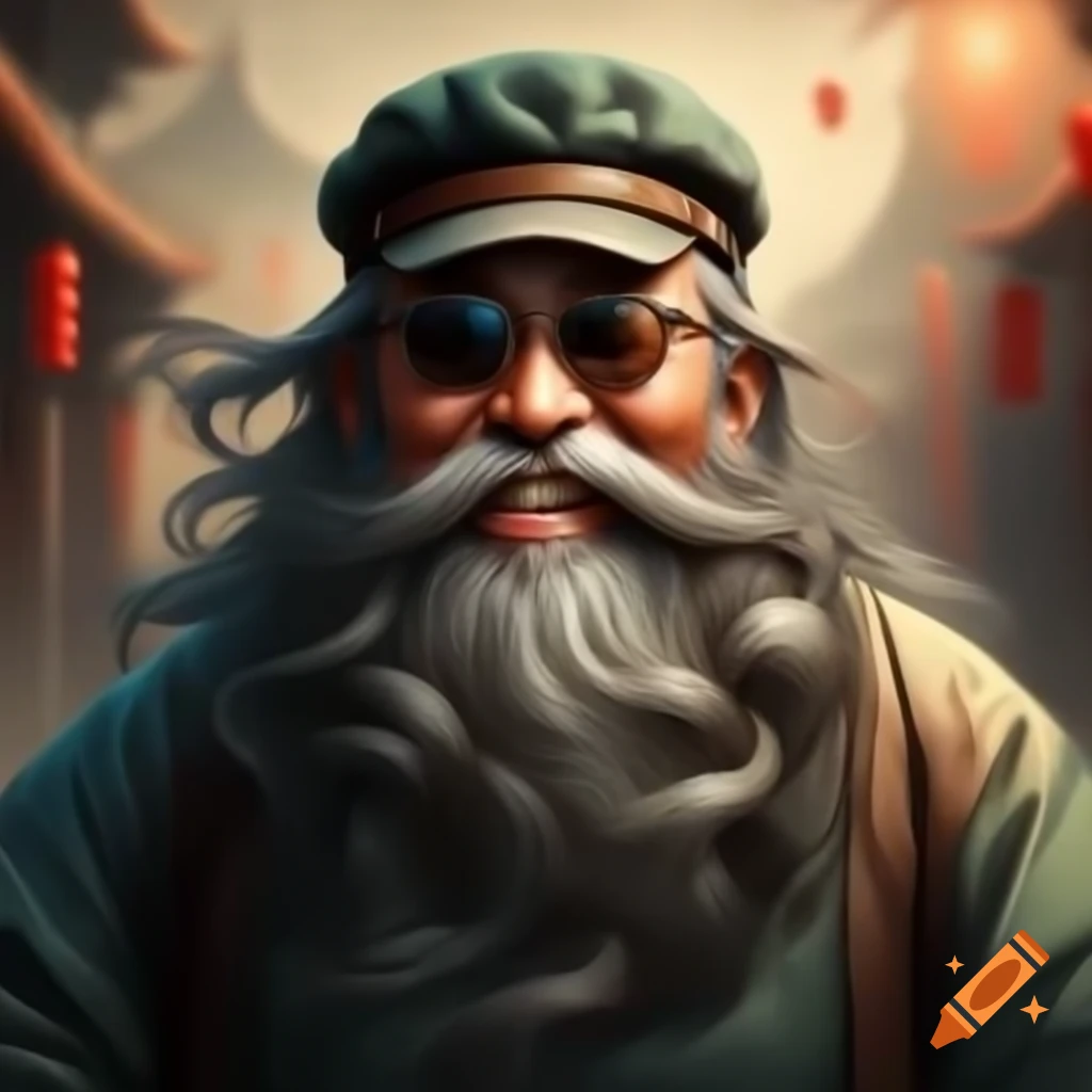 Graffiti artwork of smiling Chinese old man with long beard, sunglasses, and cap